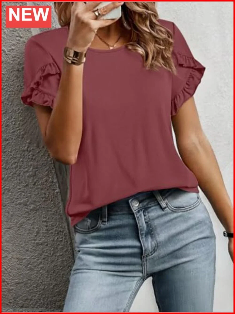 Women's Ruffle Sleeve Crewneck Short Sleeve T-Shirt Polyester Blend Casual Work